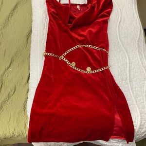 Red velvet dress with gold belt